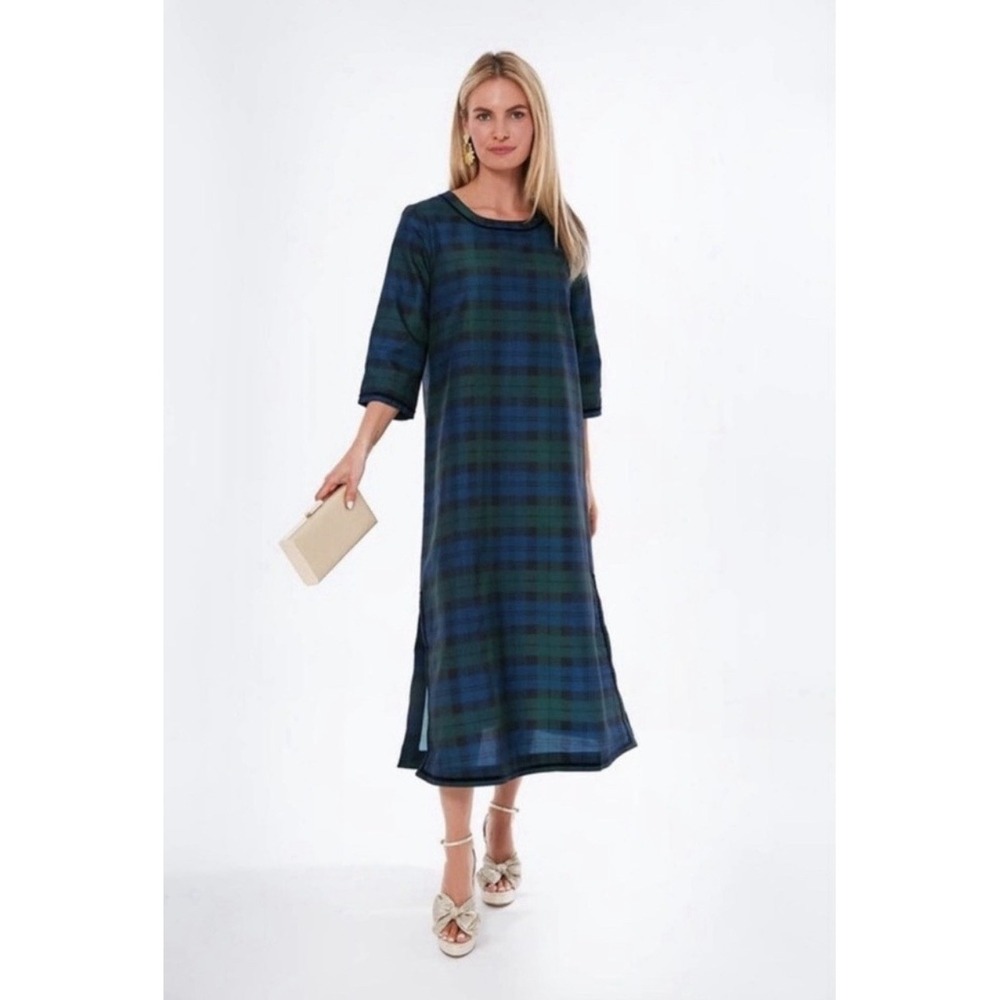 NWT Tuckernuck Jamie Blackwatch Plaid Velvet Trim Midi Dress Size M $298